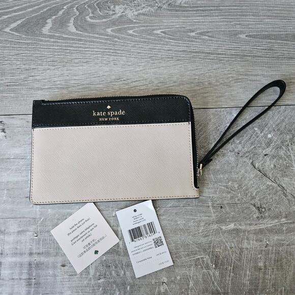 Kate Spade New York Staci Beige Black Leather L Zip Wristlet w Strap Size M EUC - Picture 2 of 10